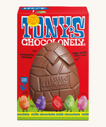 Tony's milk chocolate hollow Easter egg in a red cardboard box on a cream background.