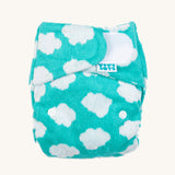 Tots Bots Bamboozle Birth to Potty nappy in a green fluffy clouds print.