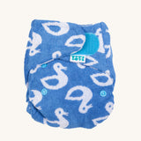 Tots Bots Bamboozle Stretch Bamboo Nappy in lucky duck is a blue highly absorbent fitted nappy. Features a  velcro fastener and a white duck print.