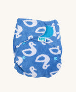 Tots Bots Bamboozle Stretch Bamboo Nappy in lucky duck is a blue highly absorbent fitted nappy. Features a  velcro fastener and a white duck print.