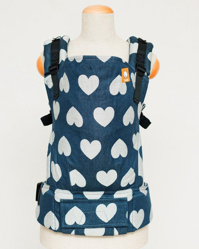 Tula Love Soir Standard Baby Carrier, blue print with large hearts on.
