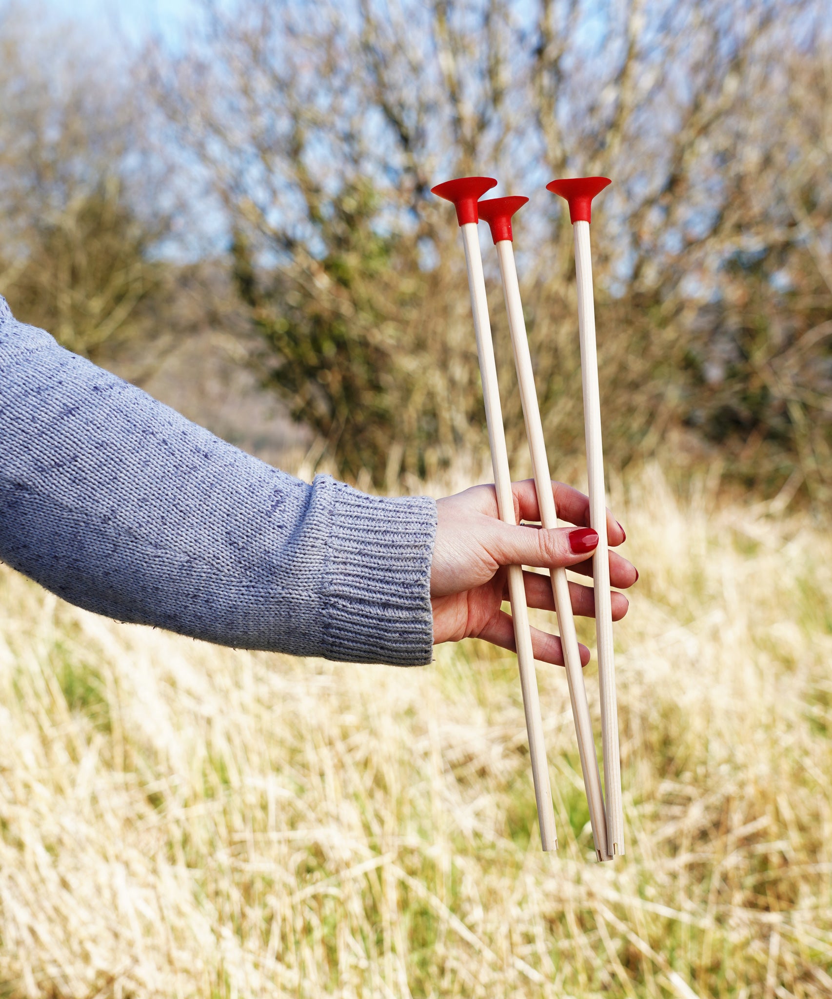 An adult holding up three red tipped safety arrows in their hand.
