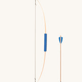 Vah Wooden Sir Parceval Play Bow with Safety Arrows. The bow has a blue coloured grip pictured next to one of the arrows which has a blue coloured tip and a felt flight.
