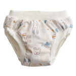 in blue with white scribbled sports on a cream background