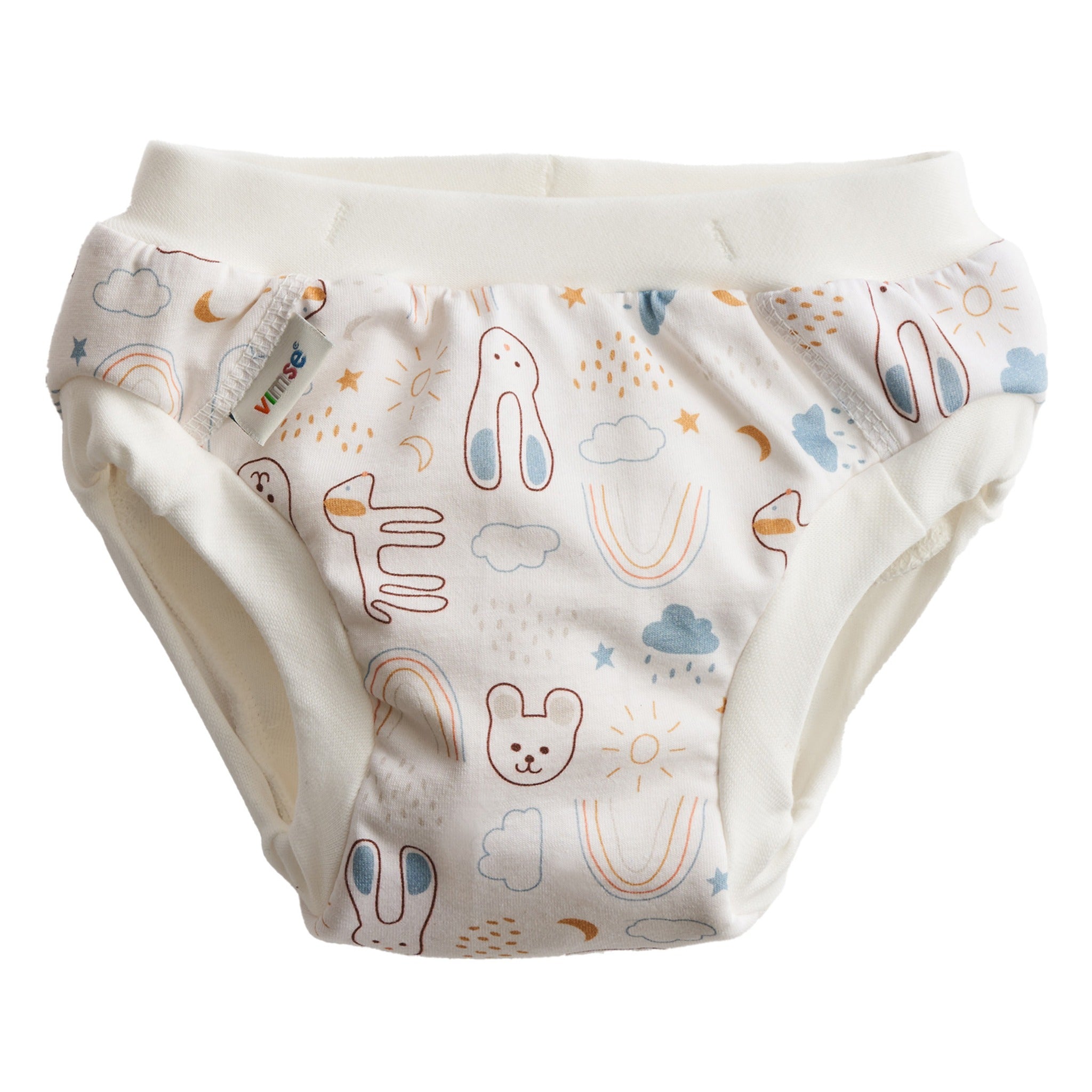 in blue with white scribbled sports on a cream background