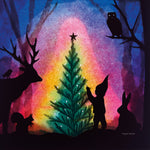 A Toverlux silhouette with a dwarf standing next to woodland animals and putting lights on a Christmas tree. This layered paper style silhouette is by artist Vogel Geluk and available at Babipur.