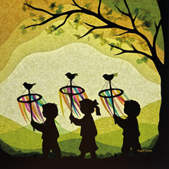 A Toverlux silhouette with 3 children holding  poles with decorative coloured ribbon under a tree. This layered paper style silhouette is by artist Vogel Geluk and available at Babipur.