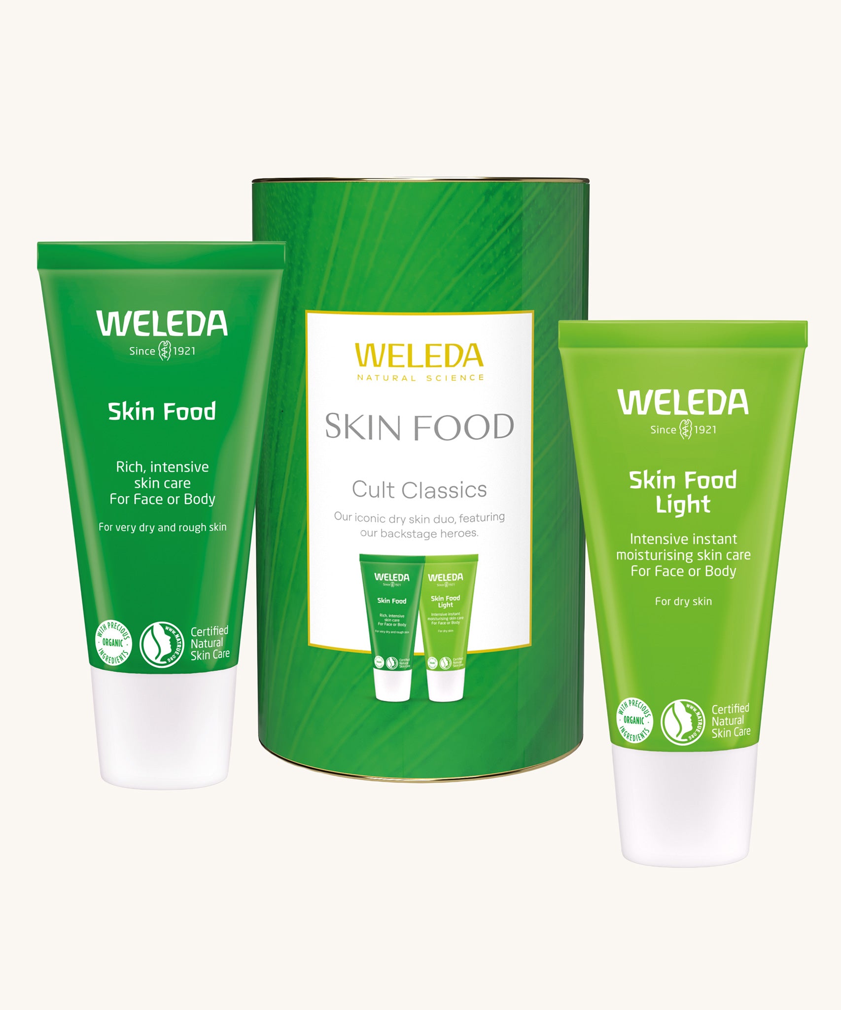 Weleda Skin Food Cult Classics Gift Set. The Weleda skin food and skin food light presented in a tube. Weleda have a range of luxurious, natural skin care items available at Babipur.