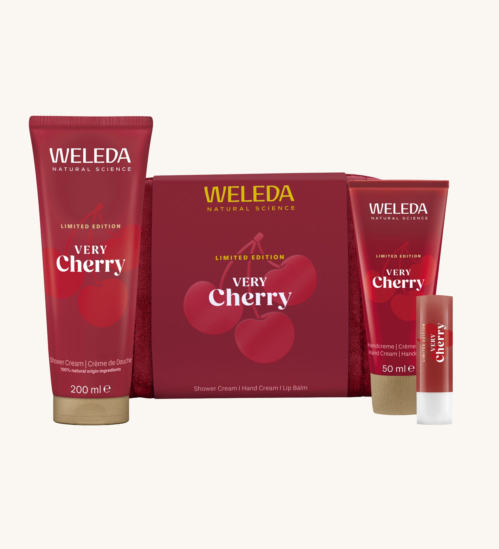 Weleda Very Cherry Gift Set. This limited edition gift set comes with a luxury shower cream, hand cream and a lip balm all in a red coloured make up bag. Weleda have a range of luxurious, natural skin care items available at Babipur.