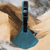 A side view of the ocean Wildride toddler carrier showing the buckle and seat detail. Features a brand patch on the buckle.