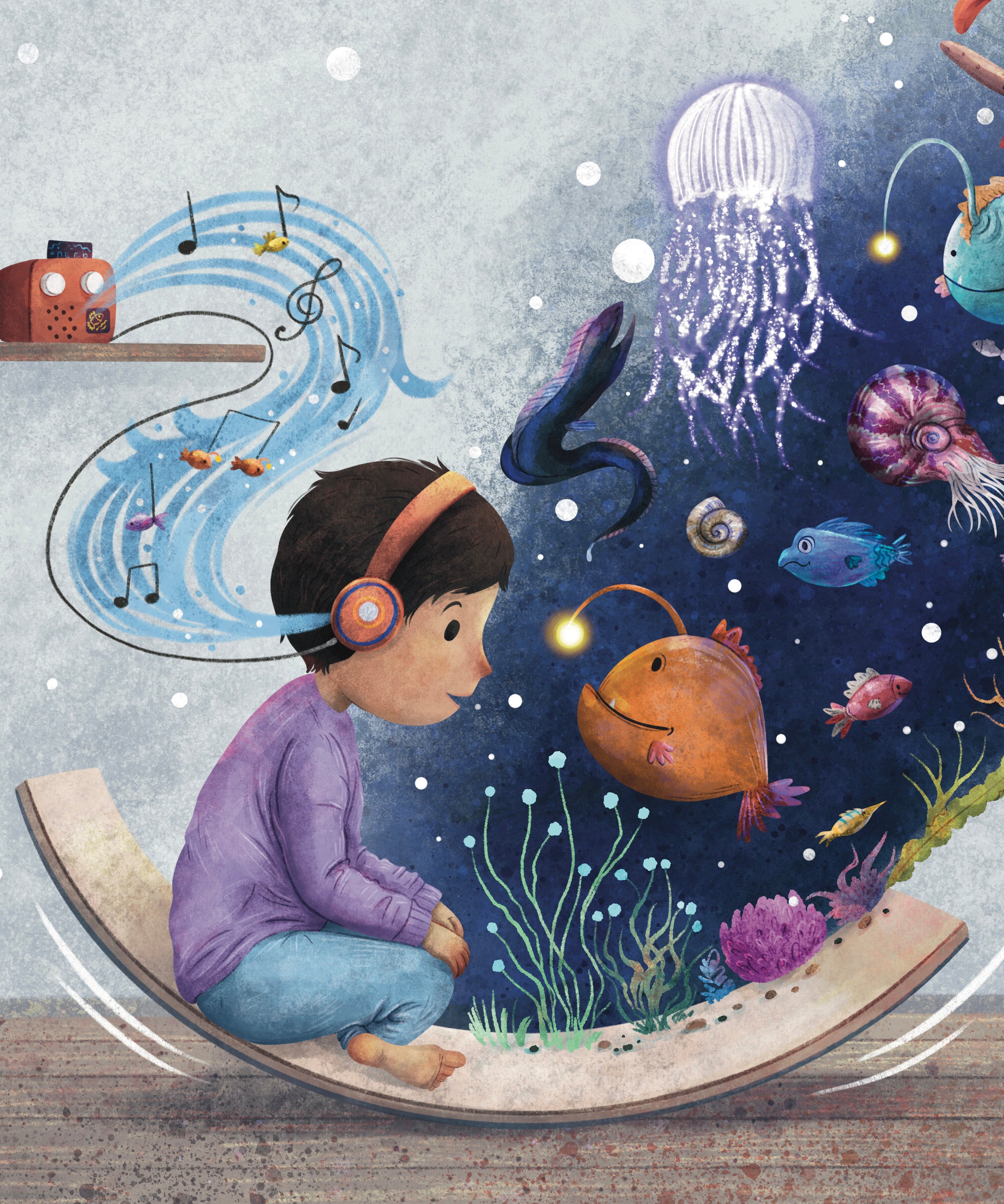 A page from the When My Sense Feel Safe book from Windy showing a soft pastel style illustration of a young boy on a Wobbel Board imagining being surrounded by deep sea creatures