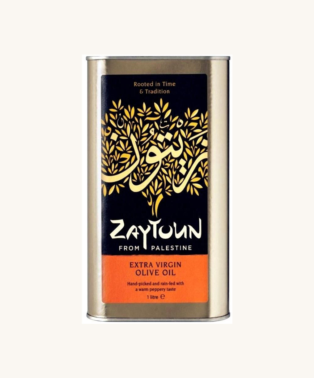 The Zaytoun Extra Virgin First Cold Pressed olive oil from Palestine, in a 1 litre tin.