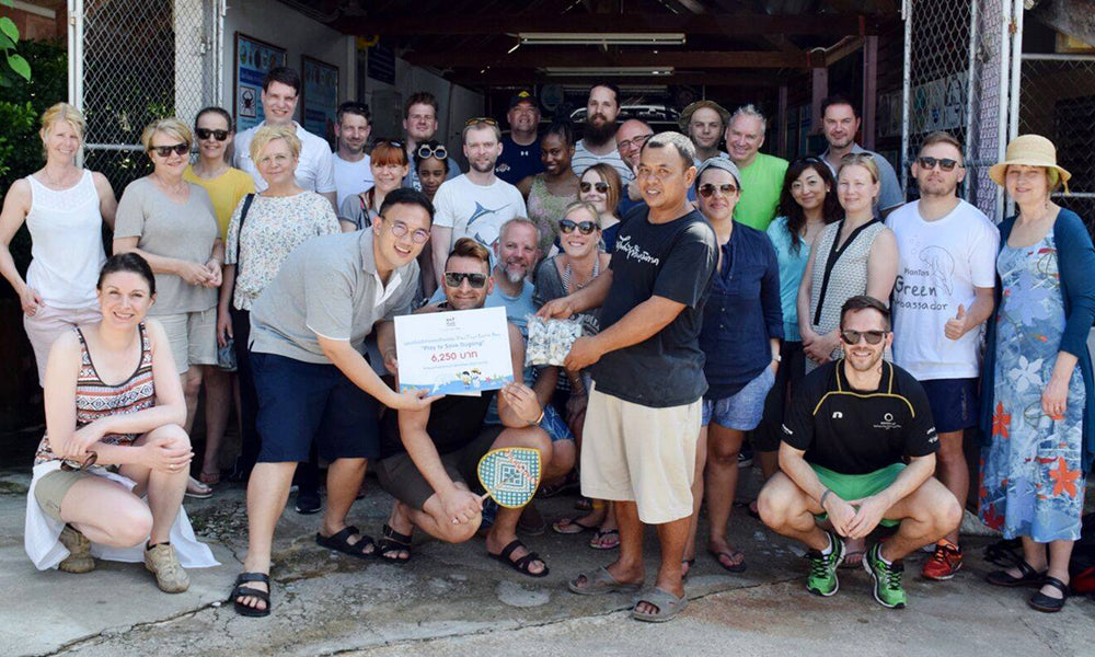Jolene and Peter from Babipur with the PlanToys team in Thailand to represent 'World Oceans Day: Plan Toys and Dugong Conservation' blog by Babipur.