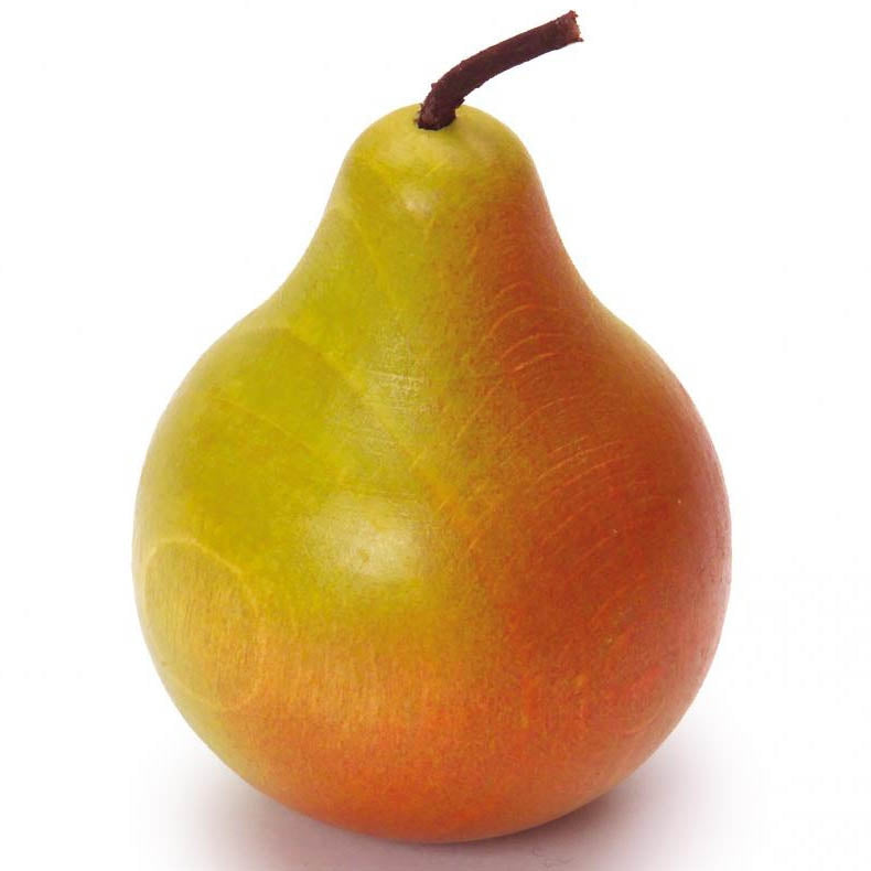Erzi Green & Red Pear Wooden Play Food on a white background.