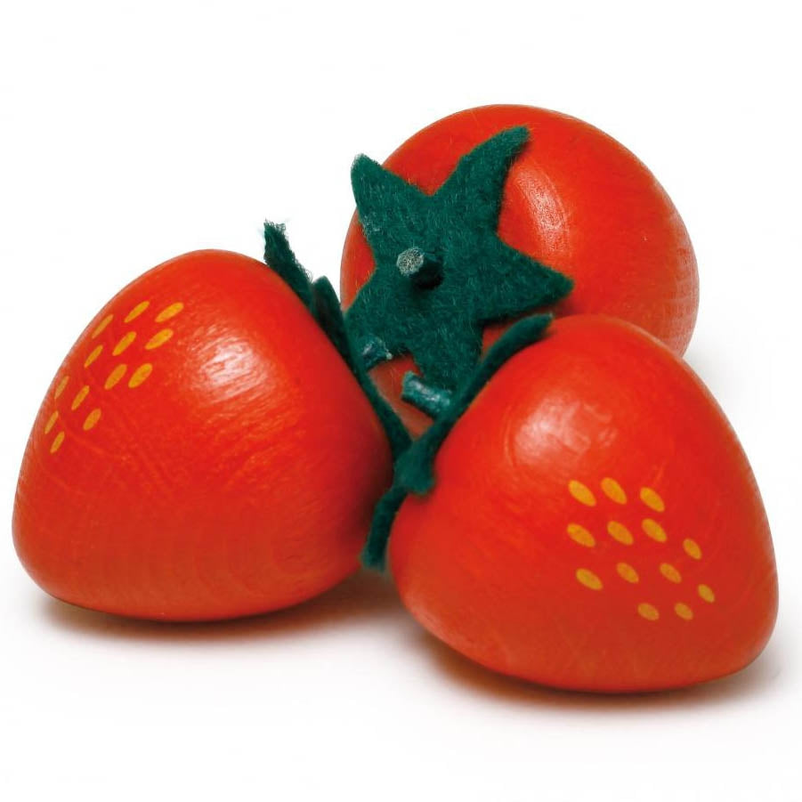 Three Erzi Strawberry Wooden Play Food on a plain background.