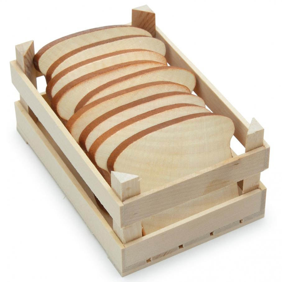 A stack of Erzi Slice Of Toast Wooden Play Food in a small wooden crate.