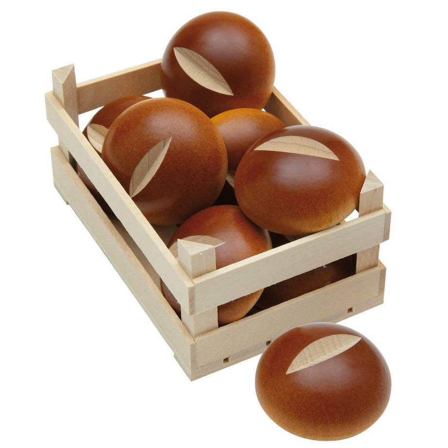 A collection of Erzi Bread Roll Wooden Play Food displayed in a small wooden crate