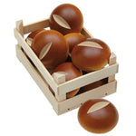 A collection of Erzi Bread Roll Wooden Play Food displayed in a small wooden crate