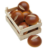 A collection of Erzi Bread Roll Wooden Play Food displayed in a small wooden crate