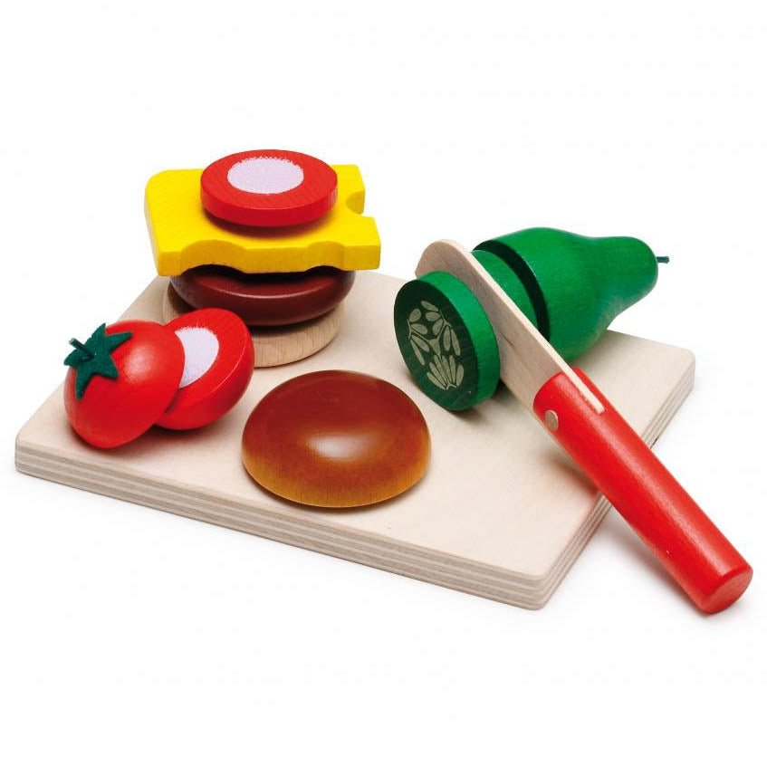 Erzi Cheeseburger Cutting Set Wooden Play Food on a white background.