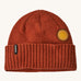A red beanie with the Patagonia logo and sun badge on the front on a cream background.