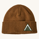 A brown Patagonia beanie with a triangle logo on the front on a cream background.
