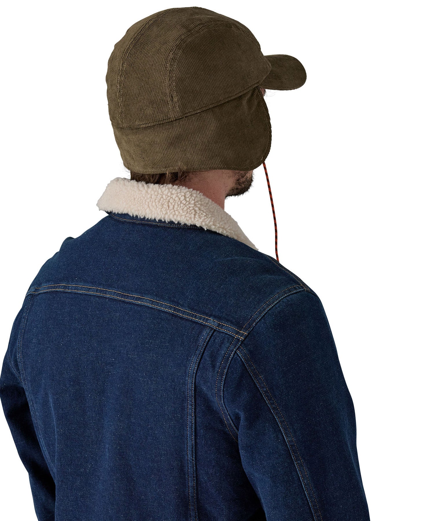 The back of the brown cord Pataognia earflap cap.