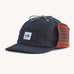 A blue Patagonia earflap cap with a check design on the inside