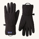 A pair of black Patagonia fleeced gloves on a cream background.