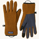 A pair of brown Patagonia fleeced gloves.