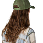The back of the light blue and green Patagonia trucker hat