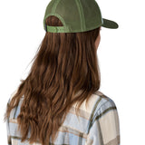 The back of the light blue and green Patagonia trucker hat
