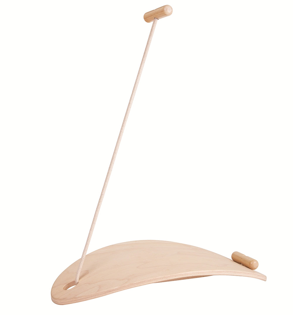 The PlanToys Balance Board shown upturned with the rope attached to one side on a plain background. 