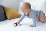 Plan Toys Rainbow Car Rattle Toy is a solid rubber wood sensory toy for babies painted in bright rainbow colours. Baby pushing it along.