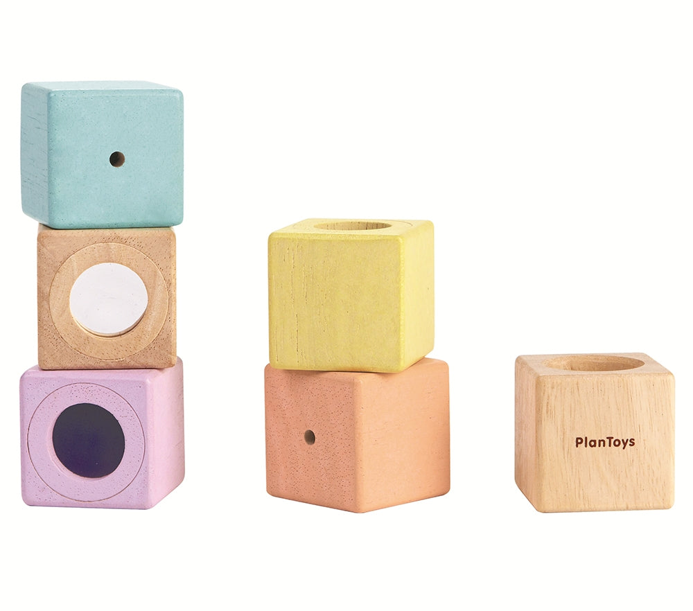 The PlanToys Pastel Sensory Blocks on a plain background.