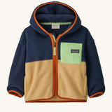 A navy and light brown hooded fleece with orange trim on a cream background.