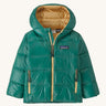 Green kids down Patagonia coat with gold trim on a cream background