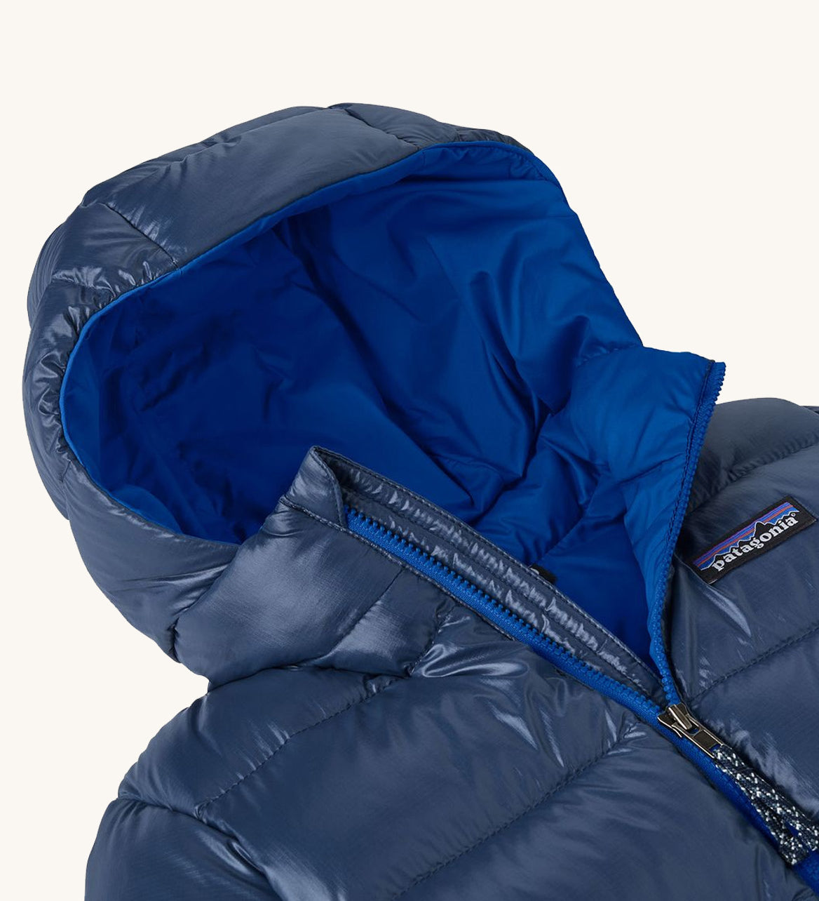 The hood and detailing of the Patagonia down jacket