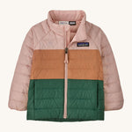 Light pink, brown and green kids Patagonia jacket on a cream background