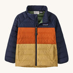 Dark blue, orange and gold kids Patagonia down jacket on a cream background