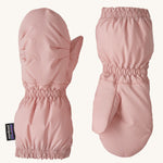 A pair of pink Patagonia mittens on a cream background