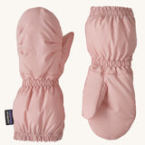 A pair of pink Patagonia mittens on a cream background