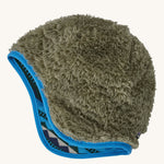 The fleece side of the blue reversible beanie