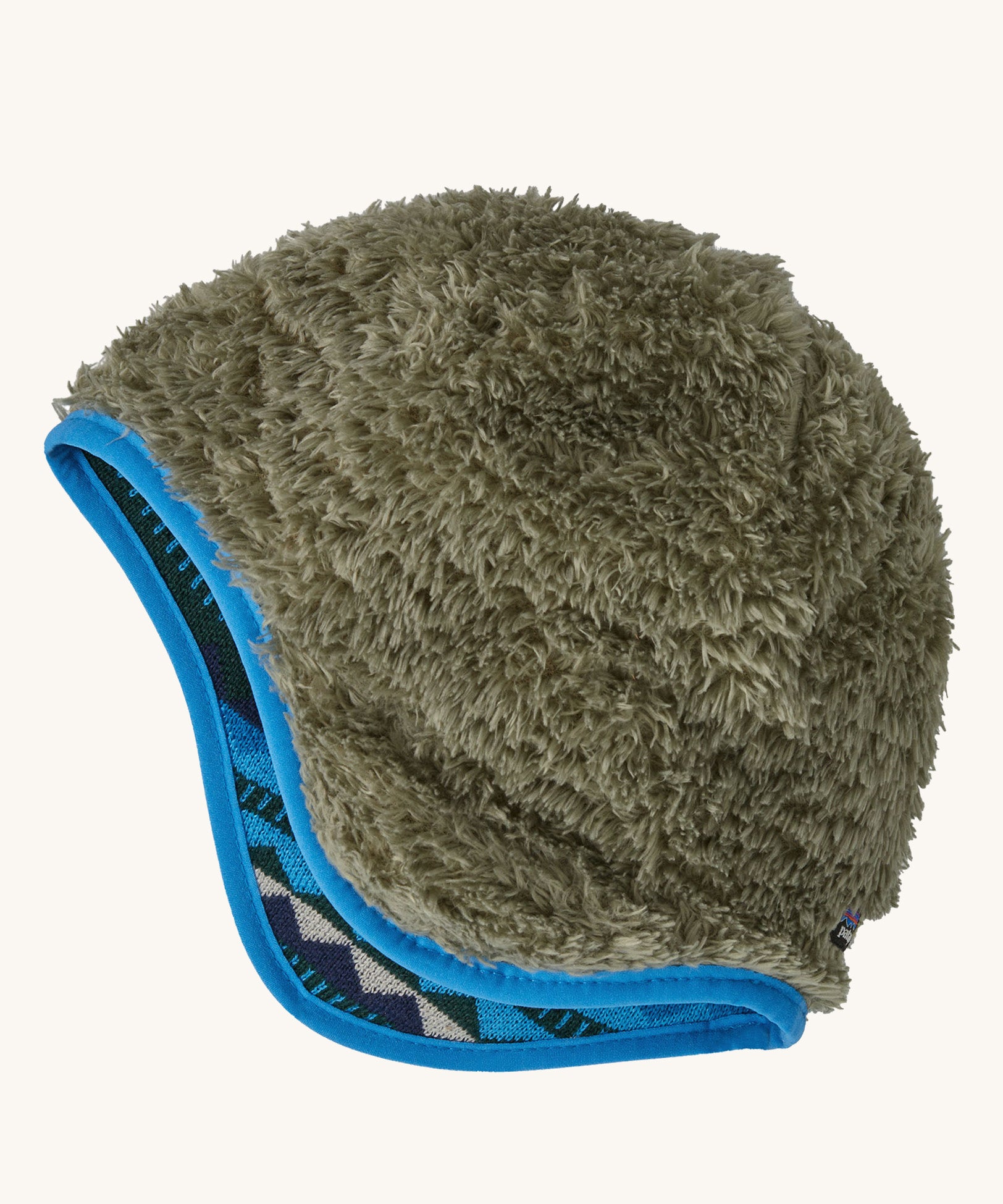 The fleece side of the blue reversible beanie
