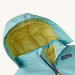 A close up of the hood on the all in one snowsuit