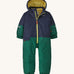A navy and green hooded all in one snowsuit on a cream background.