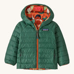 Green Patagonia reversible jacket with a abstract design on the hood on a cream background