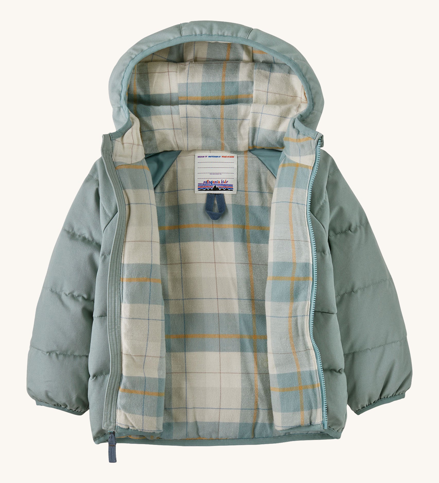 A light blue hooded opened jacket with a check design on the inside on a cream background