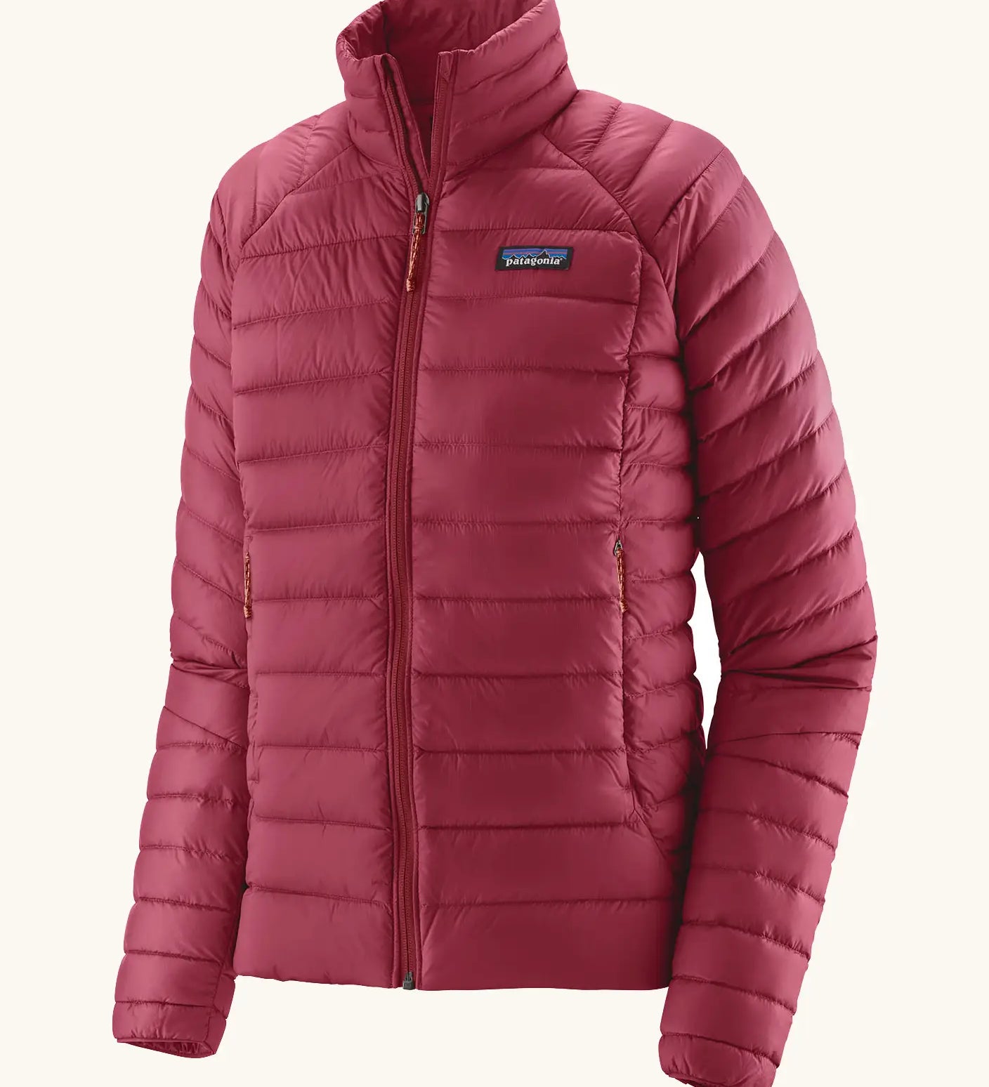 Patagonia Women's recycled down puffer jacket sweater in Marion Red with high collar and full zip.