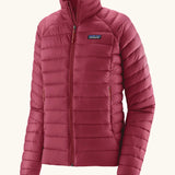 Patagonia Women's recycled down puffer jacket sweater in Marion Red with high collar and full zip.